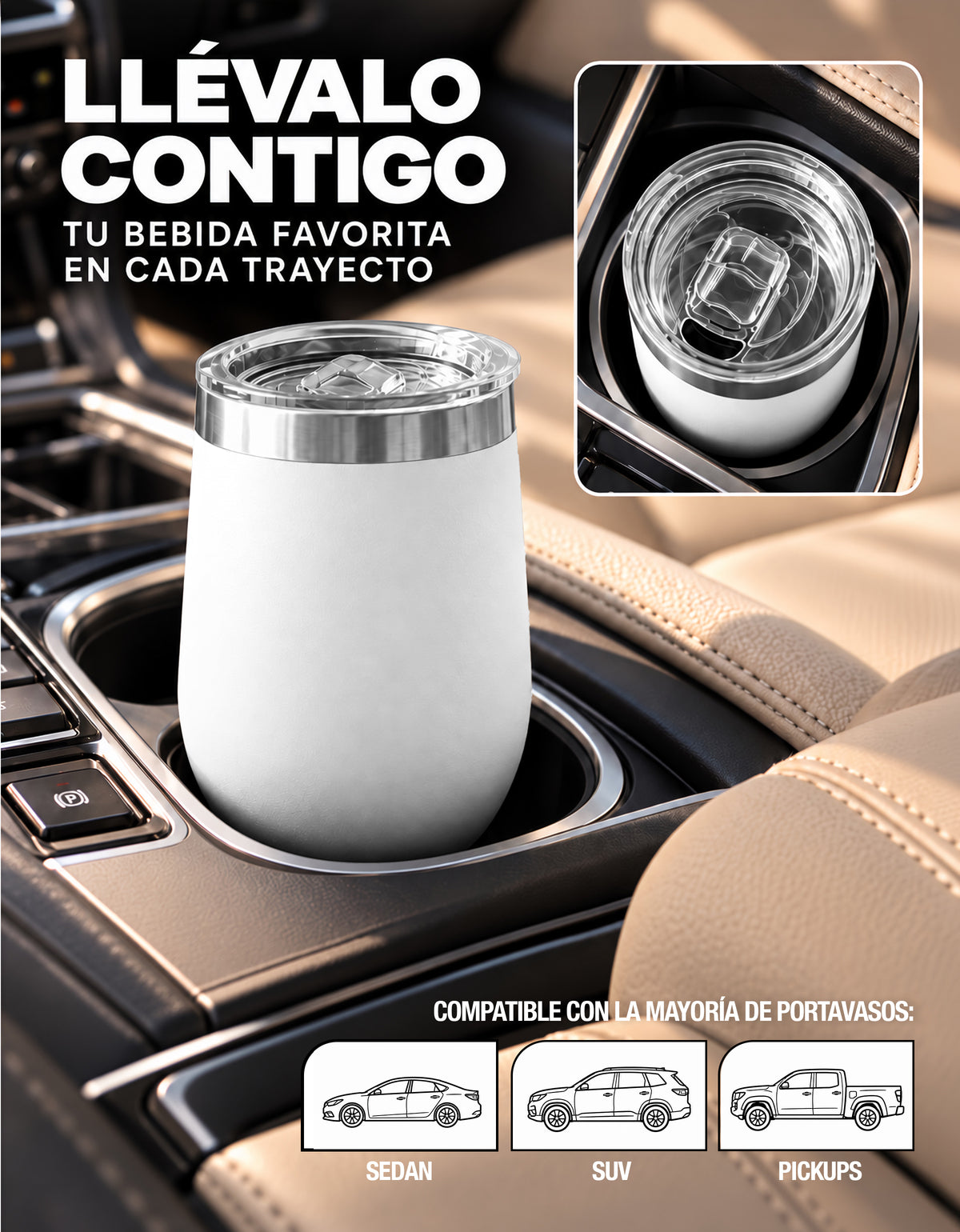 Vaso Térmico de Acero Inoxidable 12 oz con Tapa Deslizable · Café, Té o Bebidas Frías color Blanco