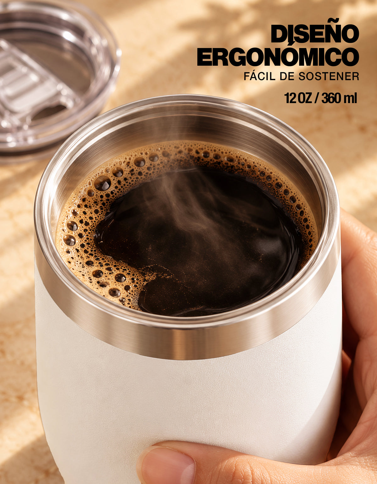 Vaso Térmico de Acero Inoxidable 12 oz con Tapa Deslizable · Café, Té o Bebidas Frías color Blanco