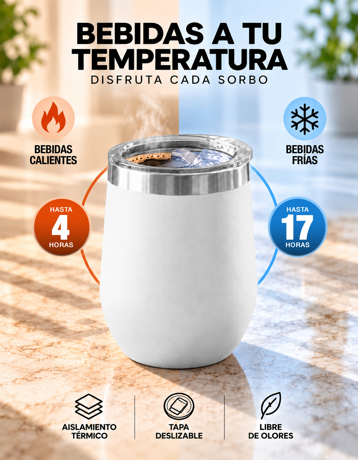 Vaso Térmico de Acero Inoxidable 12 oz con Tapa Deslizable · Café, Té o Bebidas Frías color Blanco