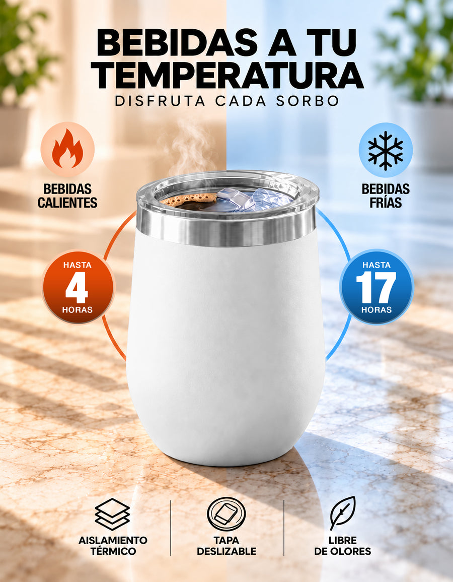 Vaso Térmico de Acero Inoxidable 12 oz con Tapa Deslizable · Café, Té o Bebidas Frías color Blanco
