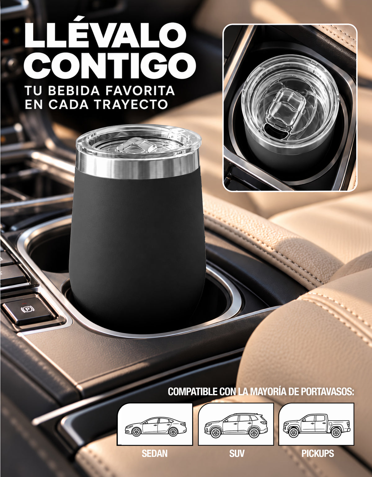 Vaso Térmico de Acero Inoxidable 12 oz con Tapa Deslizable · Café, Té o Bebidas Frías color Negro