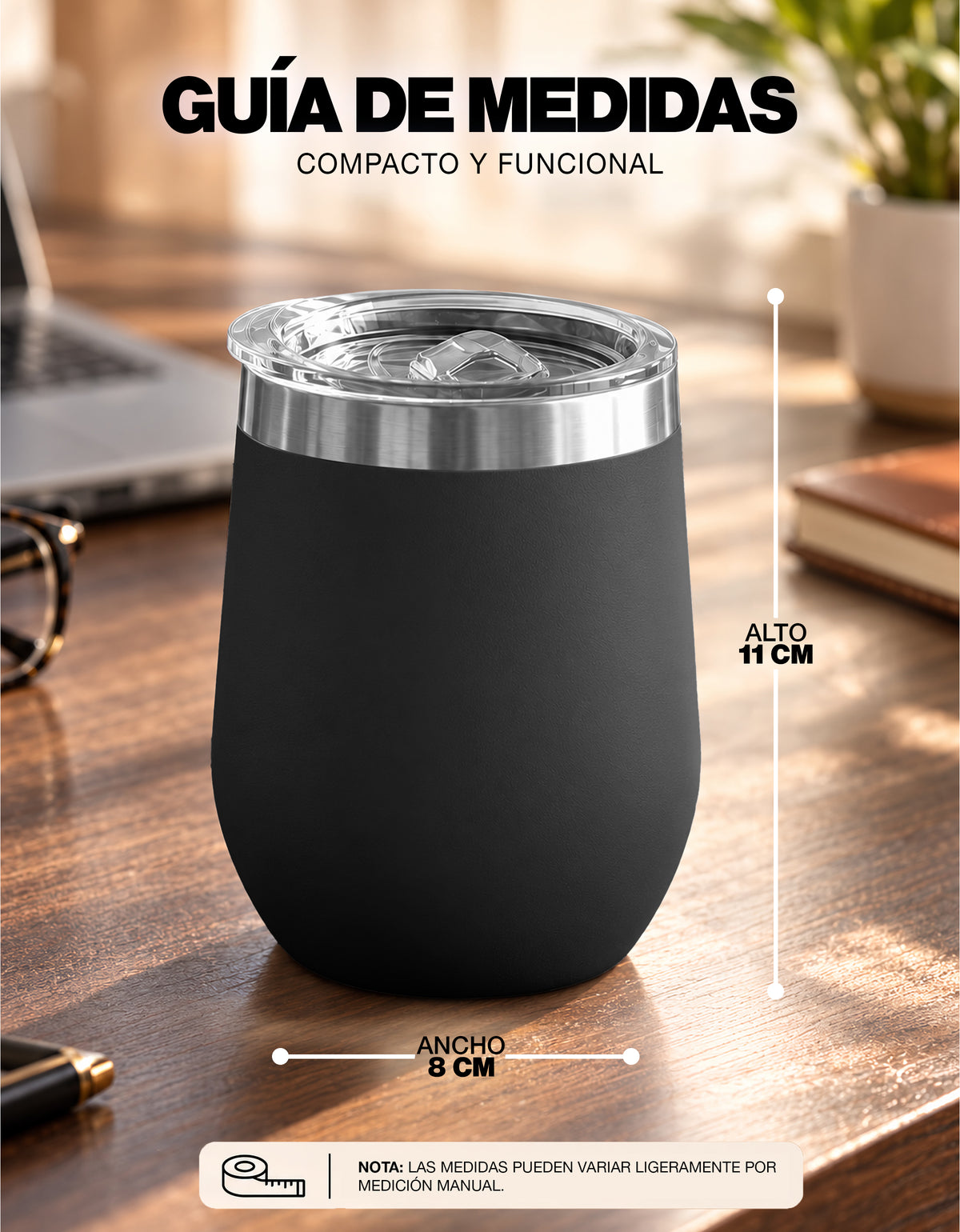 Vaso Térmico de Acero Inoxidable 12 oz con Tapa Deslizable · Café, Té o Bebidas Frías color Negro