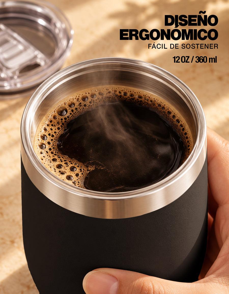 Vaso Térmico de Acero Inoxidable 12 oz con Tapa Deslizable · Café, Té o Bebidas Frías color Negro