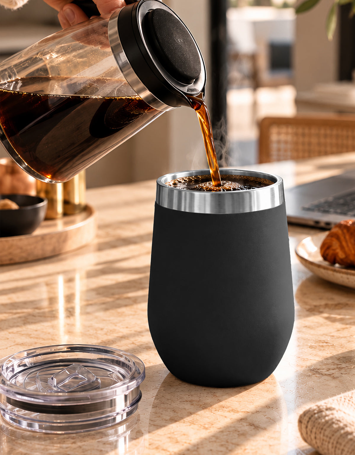 Vaso Térmico de Acero Inoxidable 12 oz con Tapa Deslizable · Café, Té o Bebidas Frías color Negro