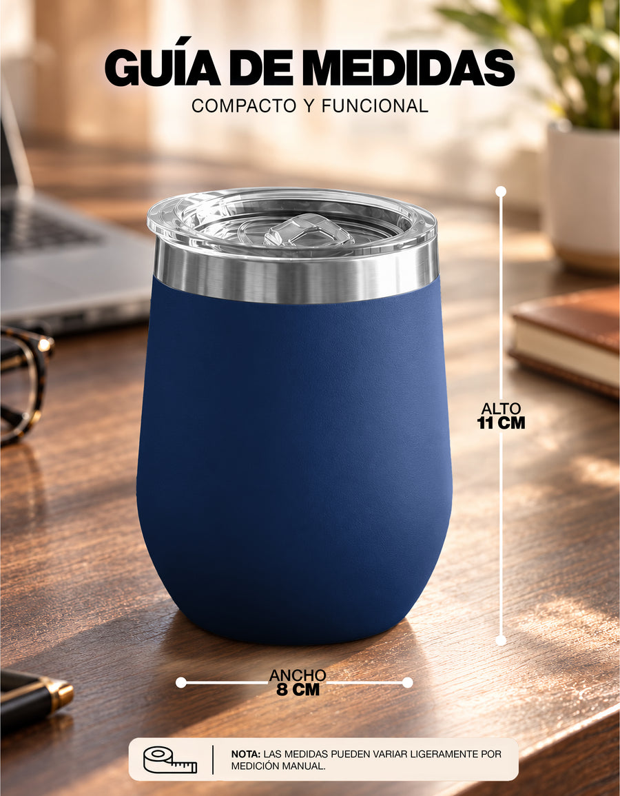 Vaso Térmico de Acero Inoxidable 12 oz con Tapa Deslizable · Café, Té o Bebidas Frías color Azul Marino
