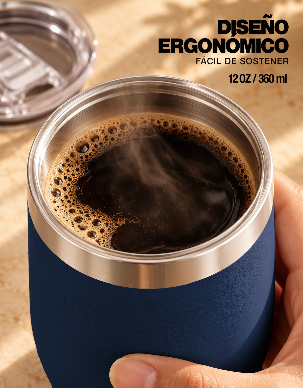 Vaso Térmico de Acero Inoxidable 12 oz con Tapa Deslizable · Café, Té o Bebidas Frías color Azul Marino