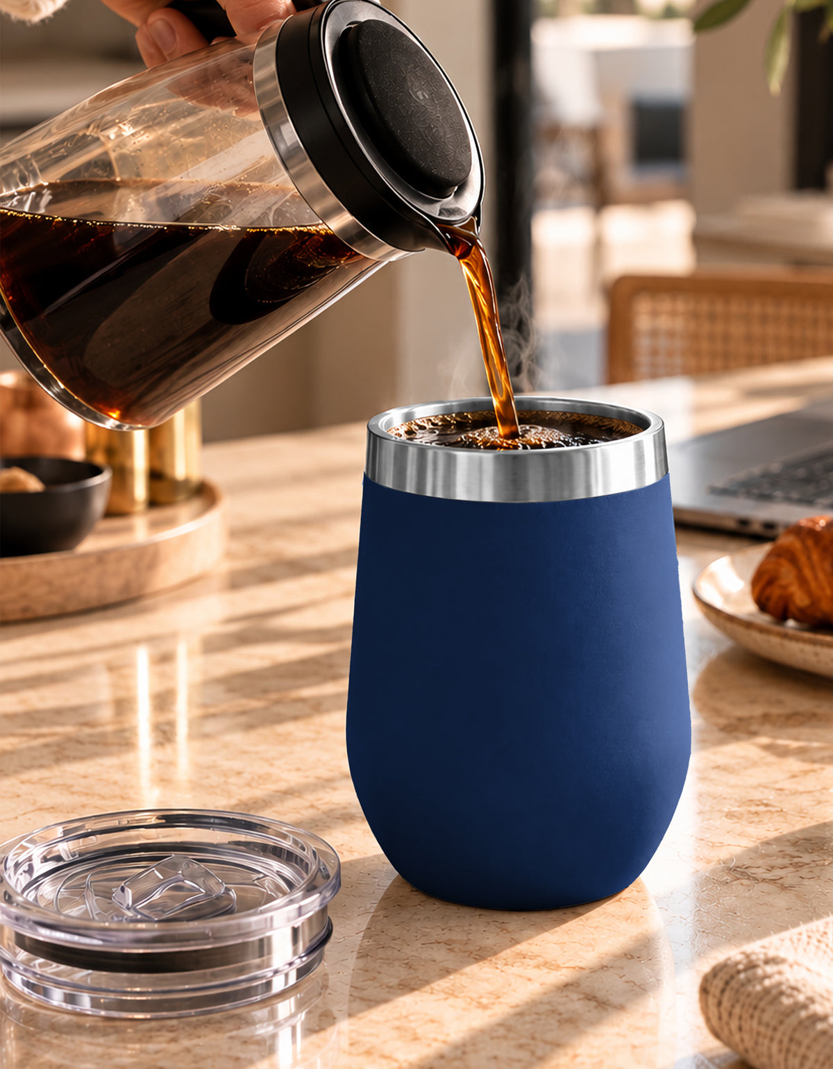 Vaso Térmico de Acero Inoxidable 12 oz con Tapa Deslizable · Café, Té o Bebidas Frías color Azul Marino