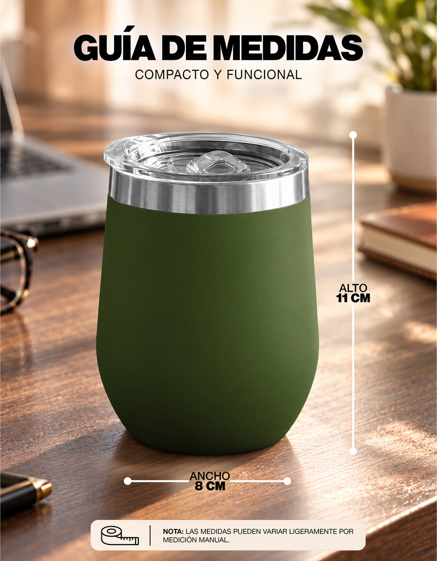 Vaso Térmico de Acero Inoxidable 12 oz con Tapa Deslizable · Café, Té o Bebidas Frías color Verde Militar