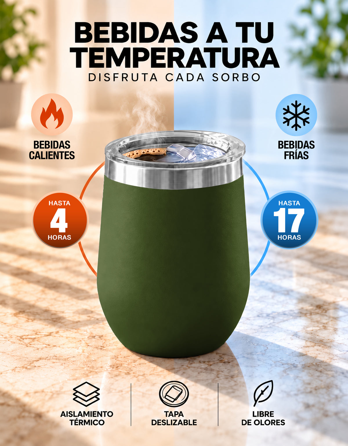 Vaso Térmico de Acero Inoxidable 12 oz con Tapa Deslizable · Café, Té o Bebidas Frías color Verde Militar