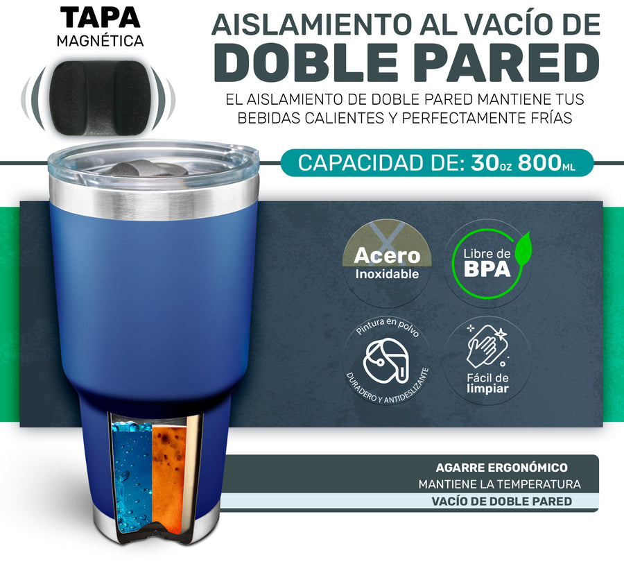 Termo Vaso Térmico 30 oz (800 ml) Acero Inoxidable con Tapa Magnética · Frío 24 h y Caliente 12 h color Azul