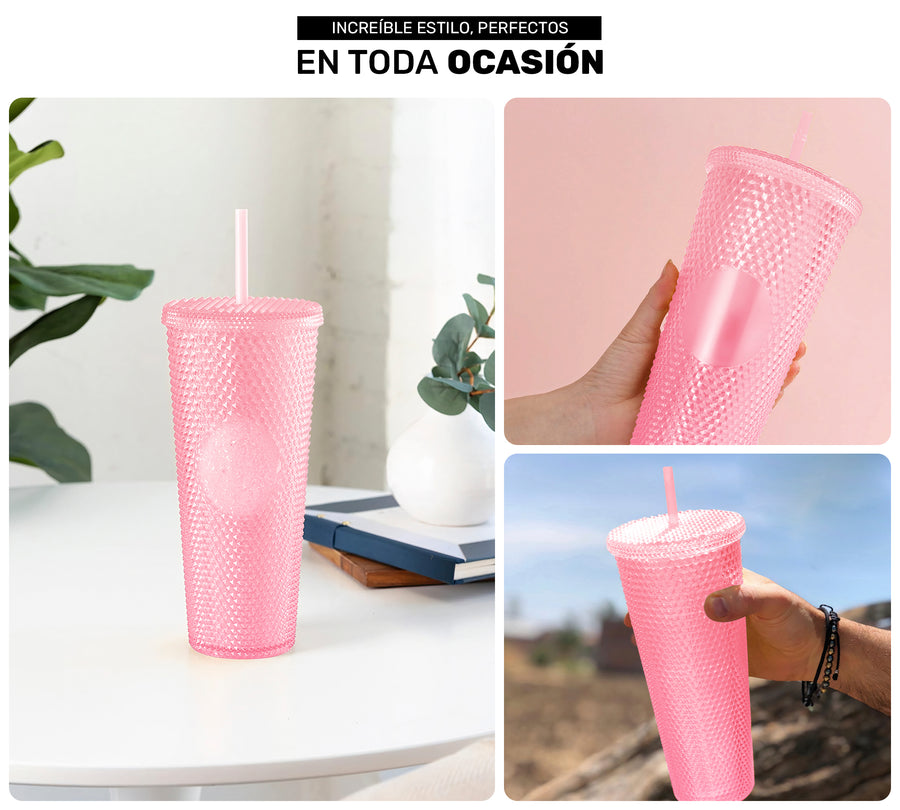 Vaso Térmico Tornasol con Relieve 700 ml · Popote y Tapa de Rosca · Doble Pared color Rosa