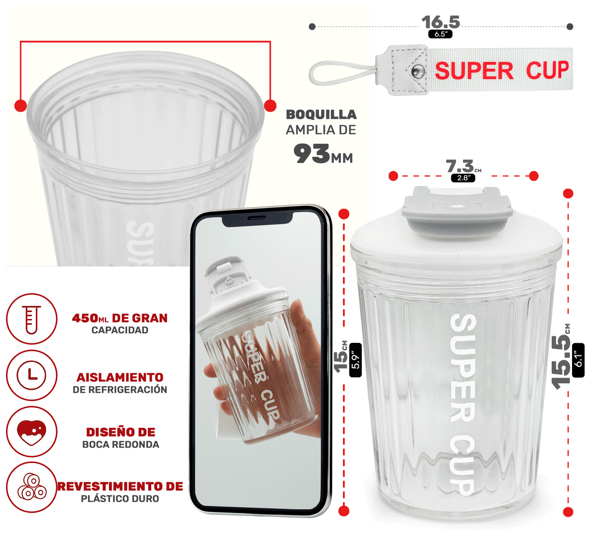 Vaso Térmico Antiderrame 450 ml con Asa Portátil · Doble Pared · Frío 12 h color Transparente