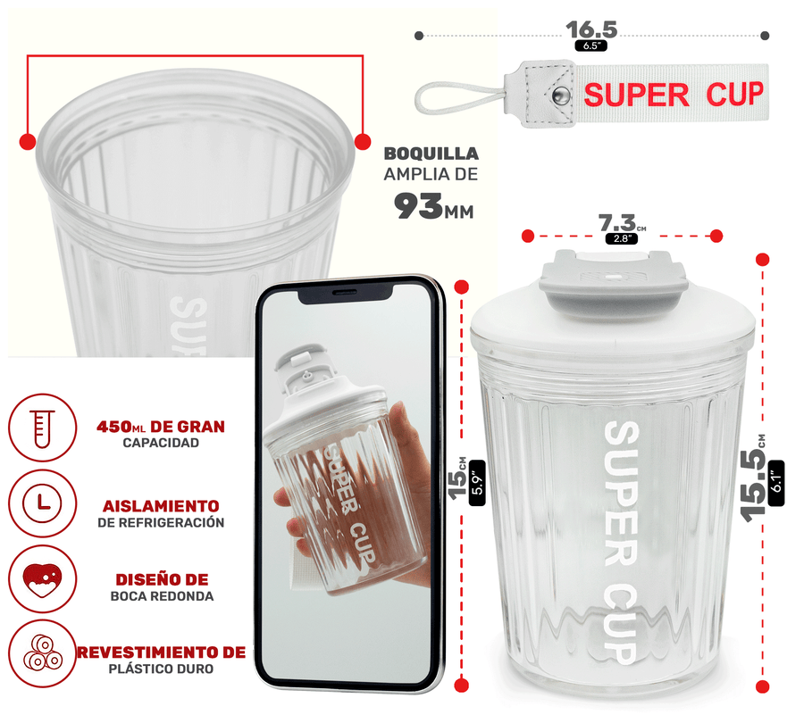 Vaso Térmico Antiderrame 450 ml con Asa Portátil · Doble Pared · Frío 12 h color Transparente