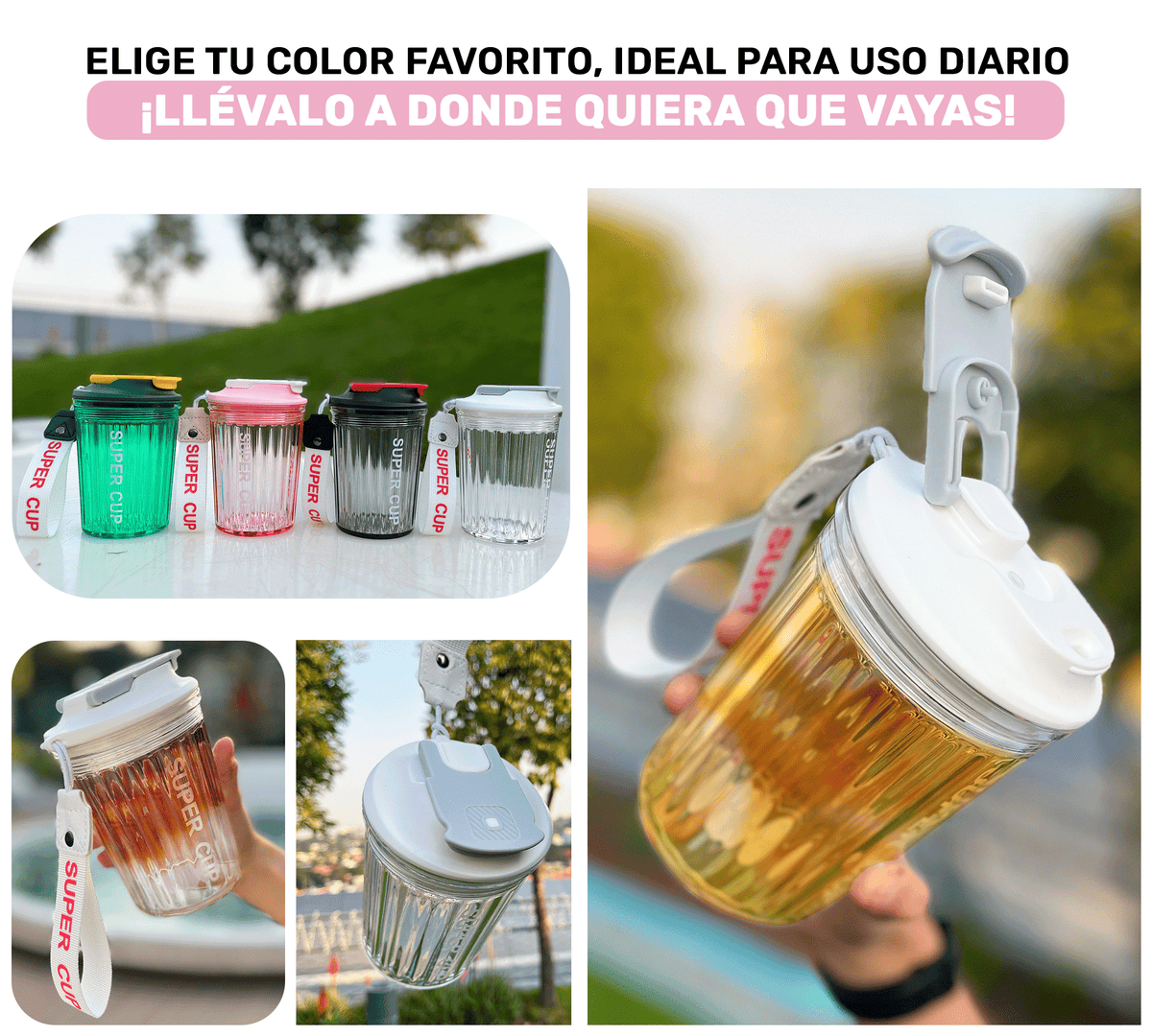 Vaso Térmico Antiderrame 450 ml con Asa Portátil · Doble Pared · Frío 12 h color Transparente