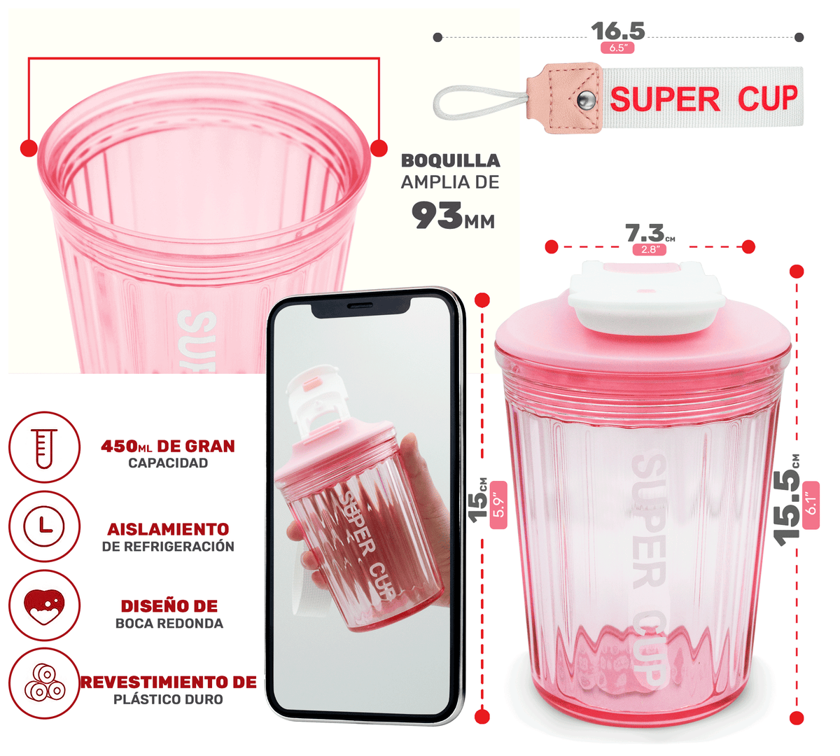 Vaso Térmico Antiderrame 450 ml con Asa Portátil · Doble Pared · Frío 12 h color Rosa