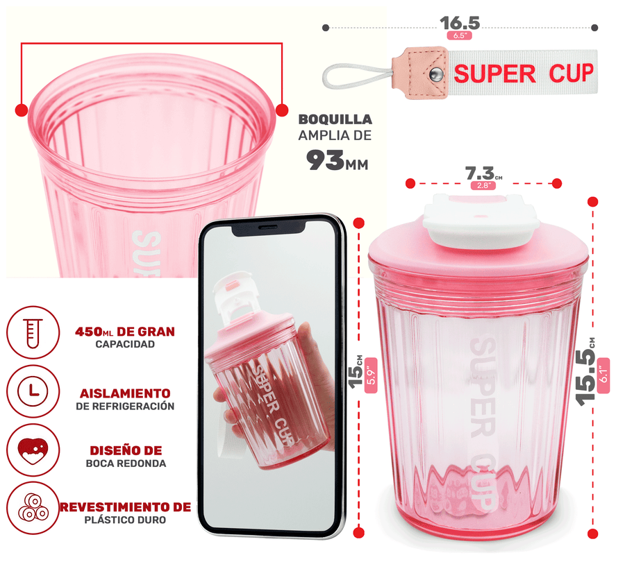 Vaso Térmico Antiderrame 450 ml con Asa Portátil · Doble Pared · Frío 12 h color Rosa