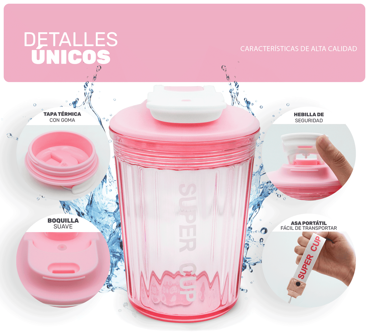 Vaso Térmico Antiderrame 450 ml con Asa Portátil · Doble Pared · Frío 12 h color Rosa