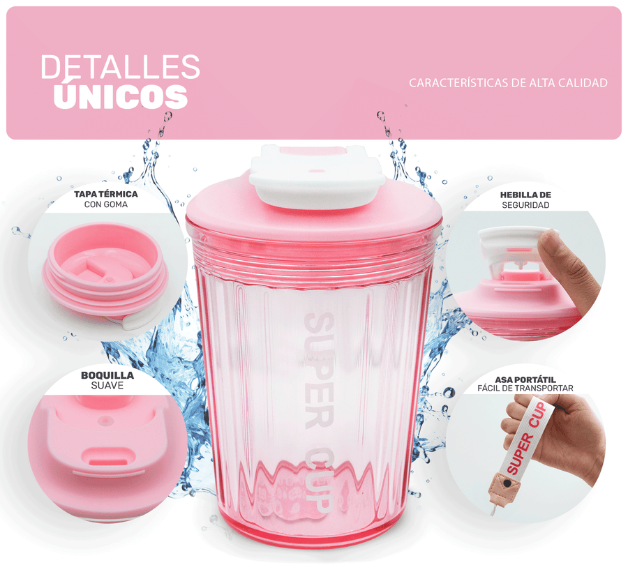Vaso Térmico Antiderrame 450 ml con Asa Portátil · Doble Pared · Frío 12 h color Rosa