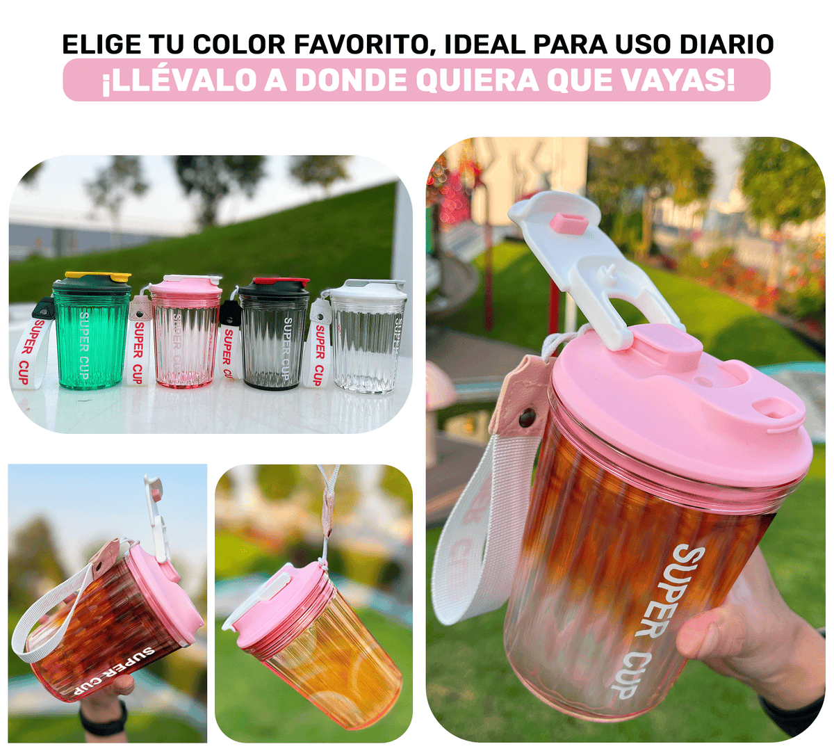 Vaso Térmico Antiderrame 450 ml con Asa Portátil · Doble Pared · Frío 12 h color Rosa