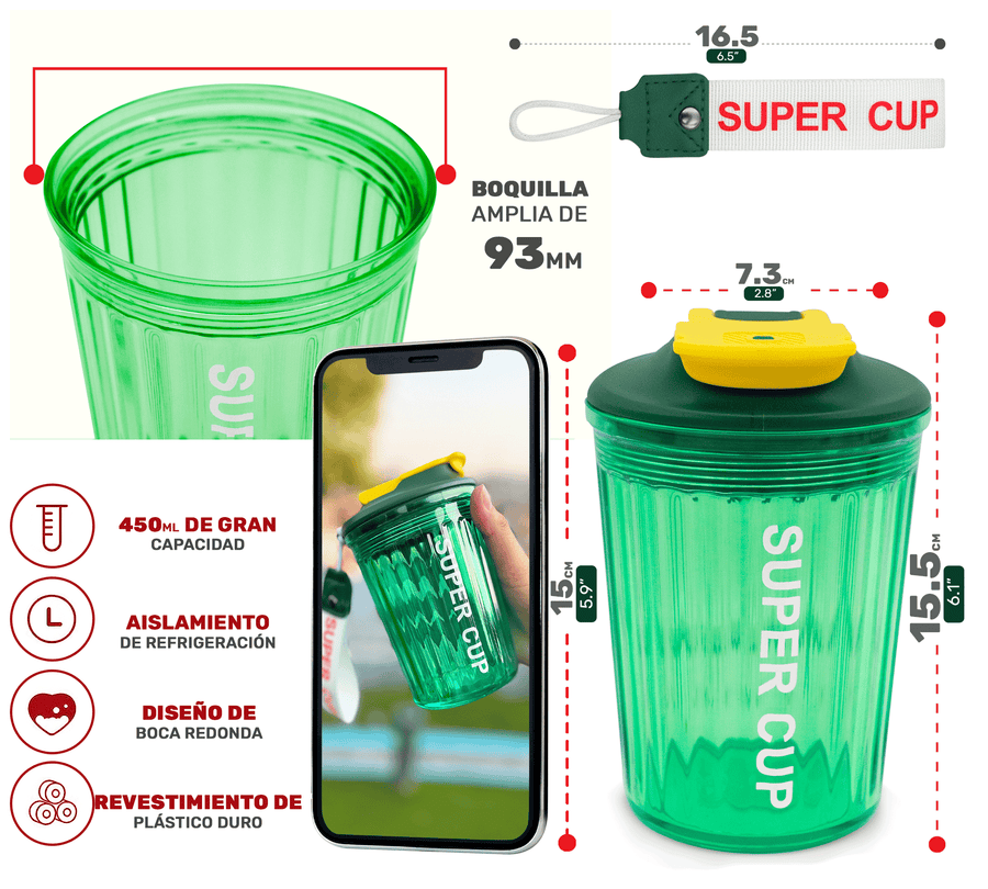 Vaso Térmico Antiderrame 450 ml con Asa Portátil · Doble Pared · Frío 12 h color Verde