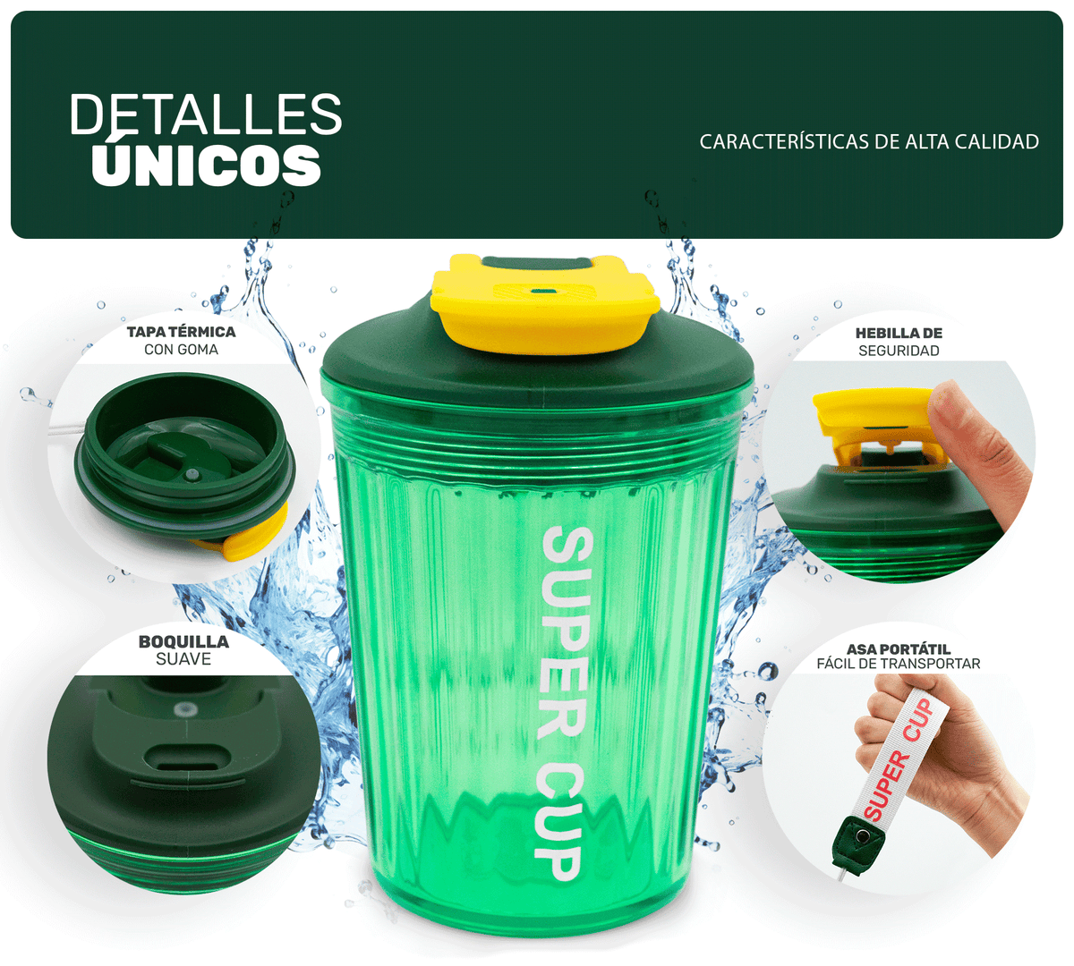 Vaso Térmico Antiderrame 450 ml con Asa Portátil · Doble Pared · Frío 12 h color Verde