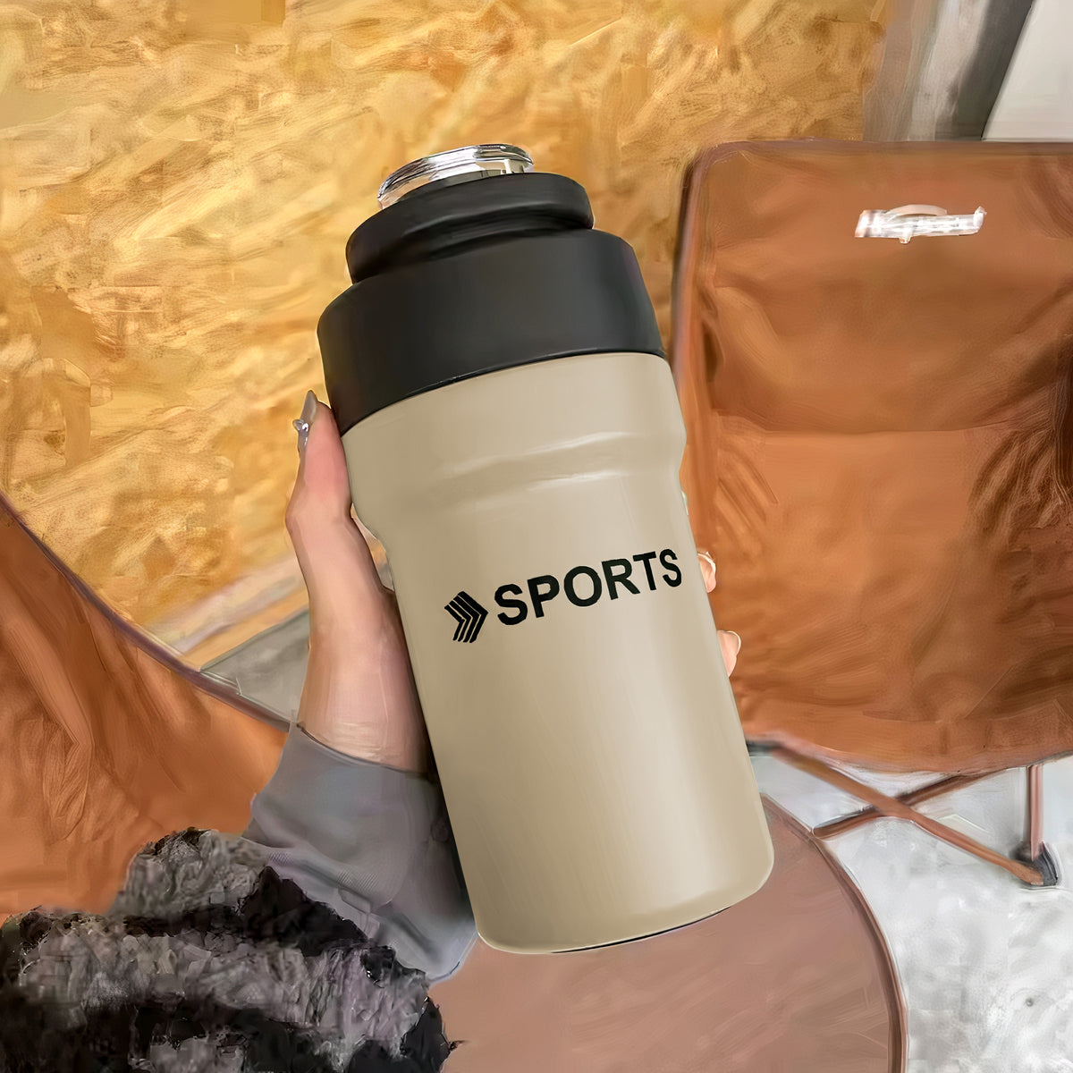 Termo Deportivo Antiderrame de Acero Inoxidable · Con Popote y Tapa Abatible color Khaki