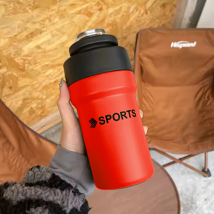 Termo Deportivo Antiderrame de Acero Inoxidable · Con Popote y Tapa Abatible color Rojo