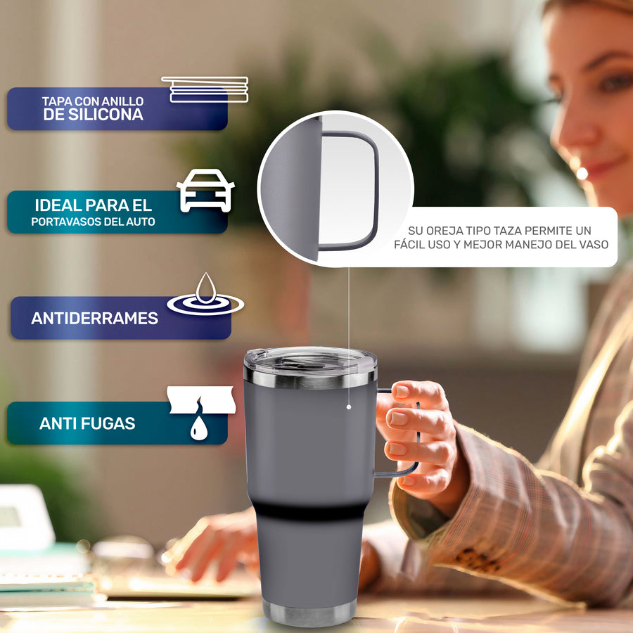 Termo con Asa 30 oz (800 ml) de Acero Inoxidable · Frío 24 h y Caliente 12 h · Gris color Gris