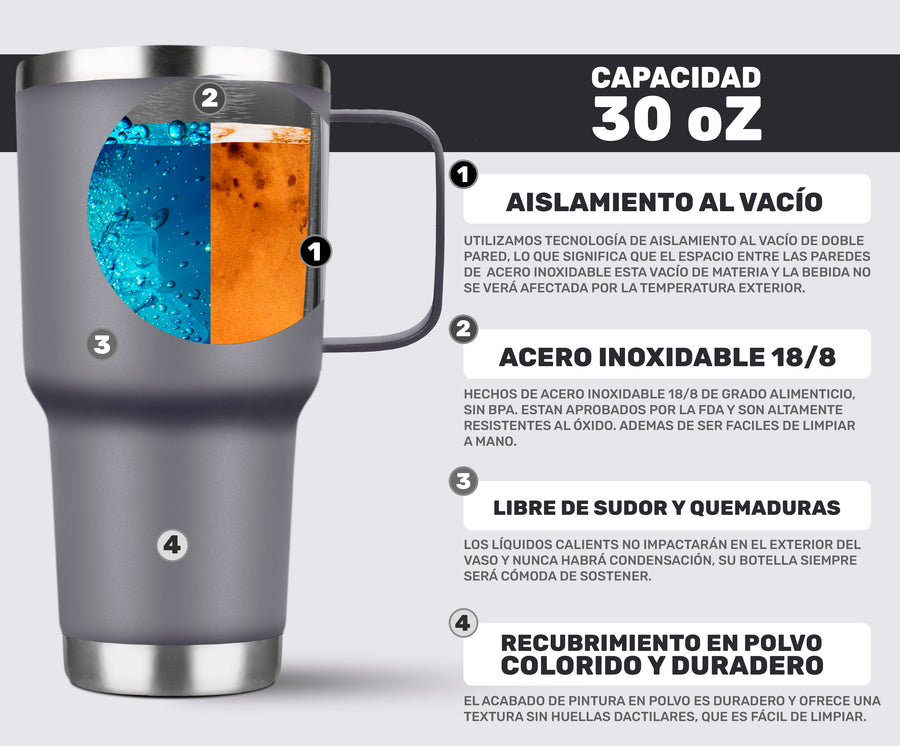 Termo con Asa 30 oz (800 ml) de Acero Inoxidable · Frío 24 h y Caliente 12 h · Gris color Gris