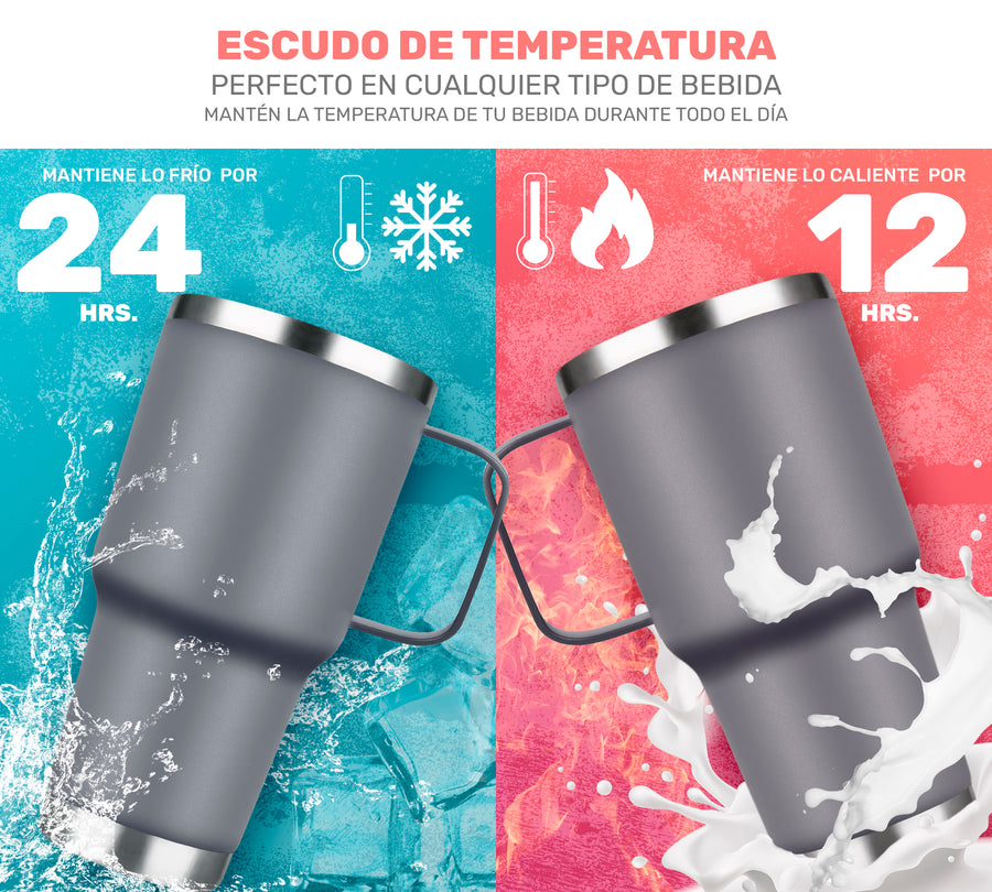 Termo con Asa 30 oz (800 ml) de Acero Inoxidable · Frío 24 h y Caliente 12 h · Gris color Gris