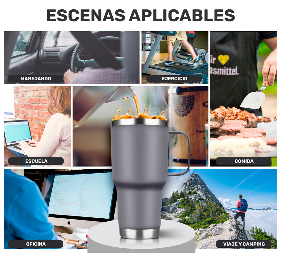 Termo con Asa 30 oz (800 ml) de Acero Inoxidable · Frío 24 h y Caliente 12 h · Gris color Gris
