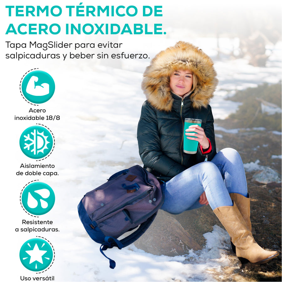 Termo para Café 20 oz de Acero Inoxidable · Tapa Magnética Antiderrame · Doble Pared color Aqua