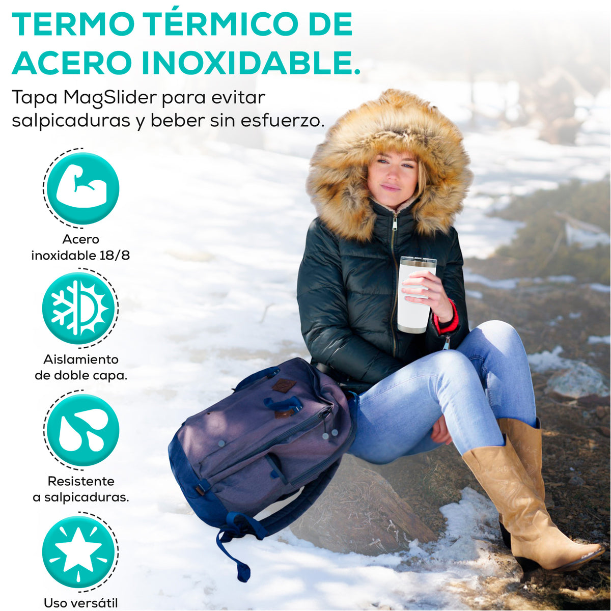 Termo para Café 20 oz de Acero Inoxidable · Tapa Magnética Antiderrame · Doble Pared color Blanco