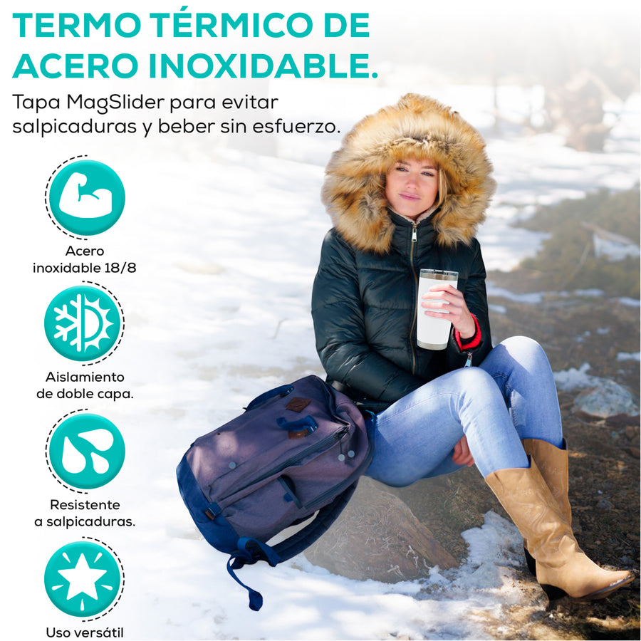 Termo para Café 20 oz de Acero Inoxidable · Tapa Magnética Antiderrame · Doble Pared color Blanco