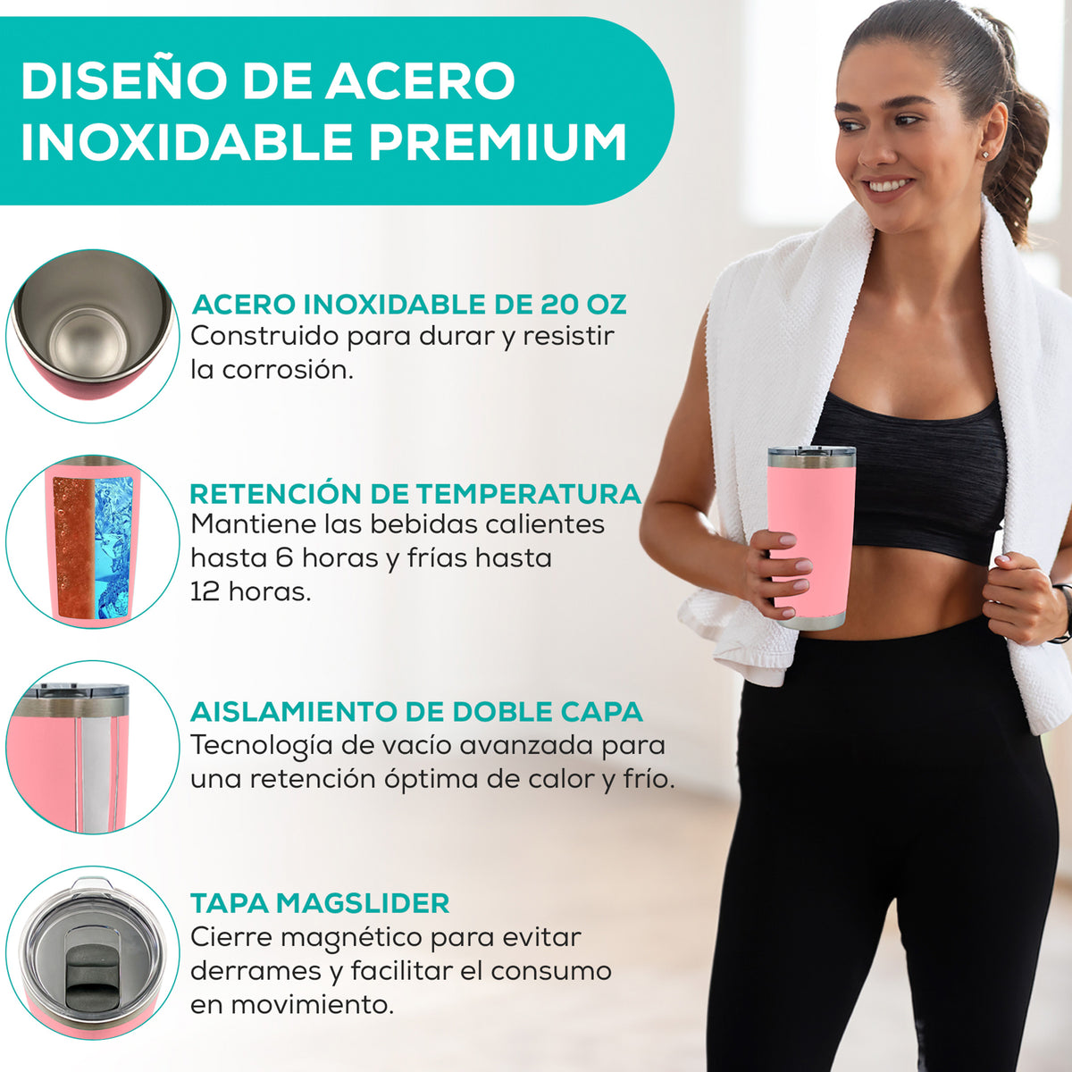 Termo para Café 20 oz de Acero Inoxidable · Tapa Magnética Antiderrame · Doble Pared color Rosa Claro