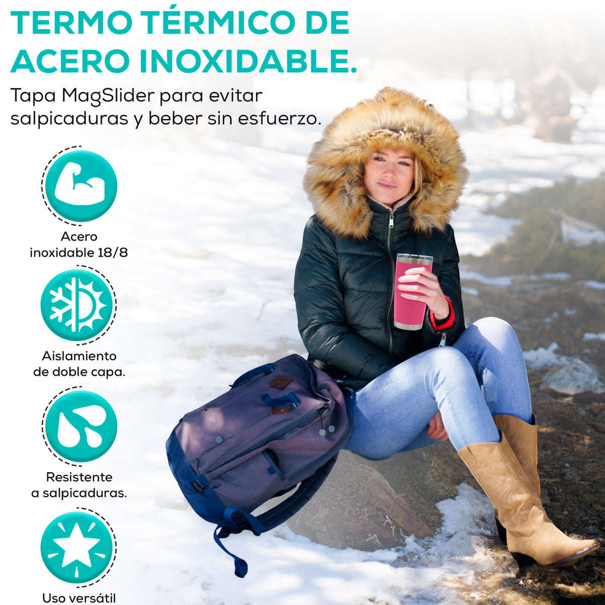 Termo para Café 20 oz de Acero Inoxidable · Tapa Magnética Antiderrame · Doble Pared color Rosa Fuerte