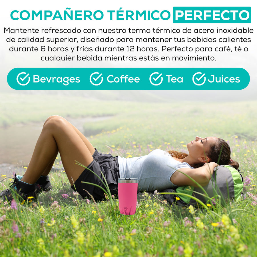 Termo para Café 20 oz de Acero Inoxidable · Tapa Magnética Antiderrame · Doble Pared color Rosa Fuerte