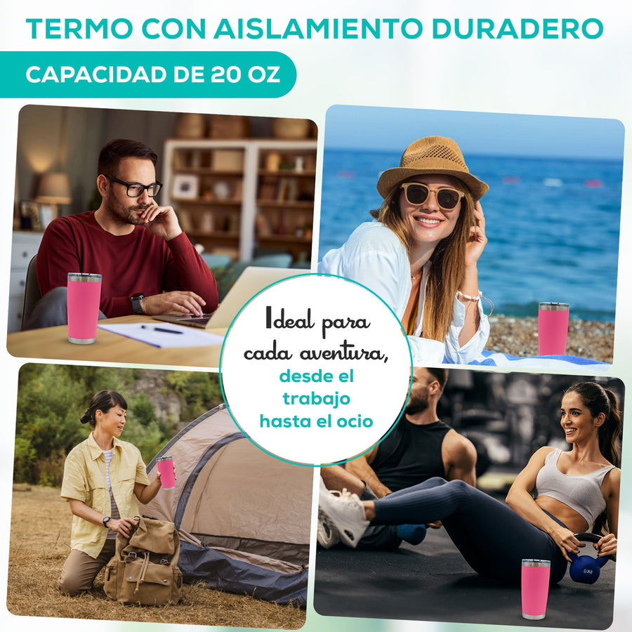Termo para Café 20 oz de Acero Inoxidable · Tapa Magnética Antiderrame · Doble Pared color Rosa Fuerte