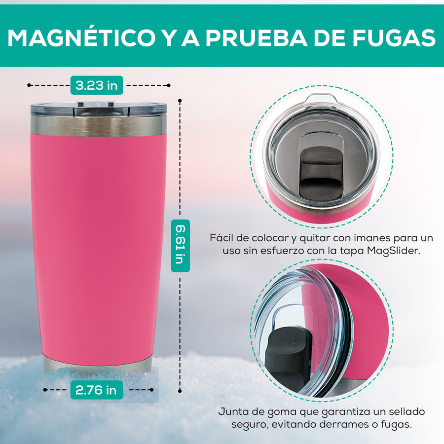 Termo para Café 20 oz de Acero Inoxidable · Tapa Magnética Antiderrame · Doble Pared color Rosa Fuerte