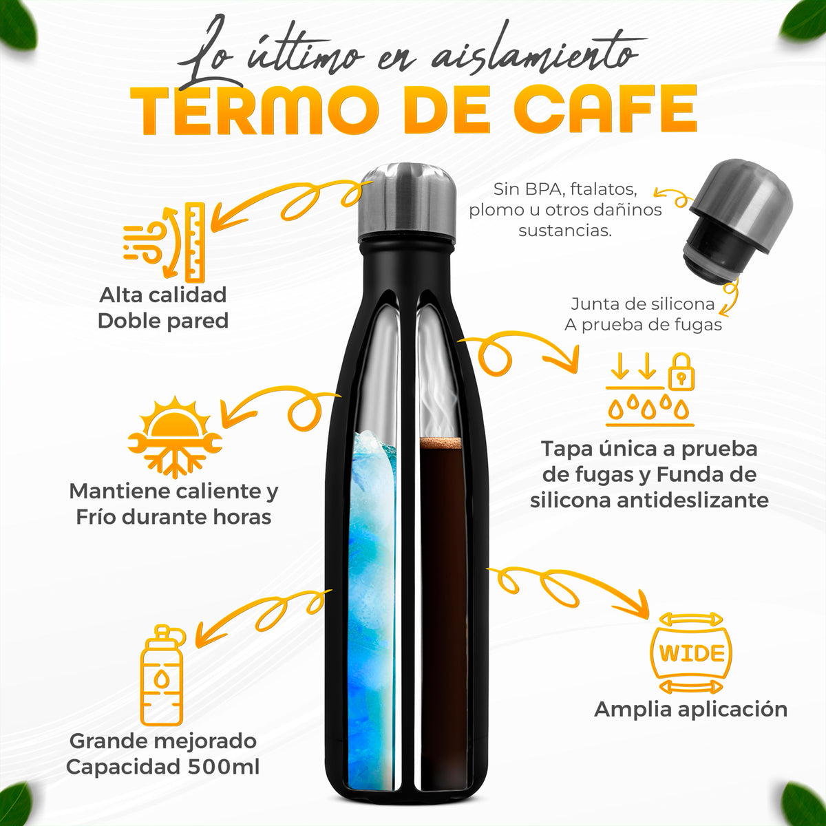 Termo Botella de Acero Inoxidable 500 ml Doble Pared · Frío y Caliente color Negro Mate