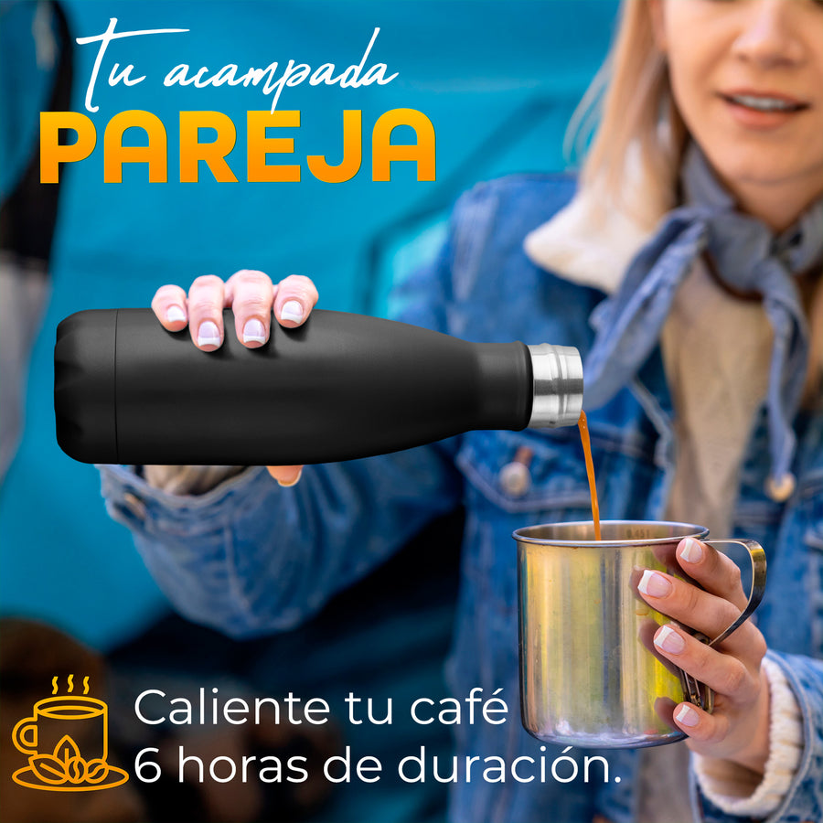 Termo Botella de Acero Inoxidable 500 ml Doble Pared · Frío y Caliente color Negro Mate