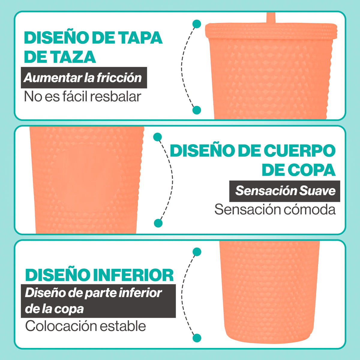 Vaso Térmico con Tachuelas 700 ml · Popote y Tapa de Rosca · Doble Pared color Coral