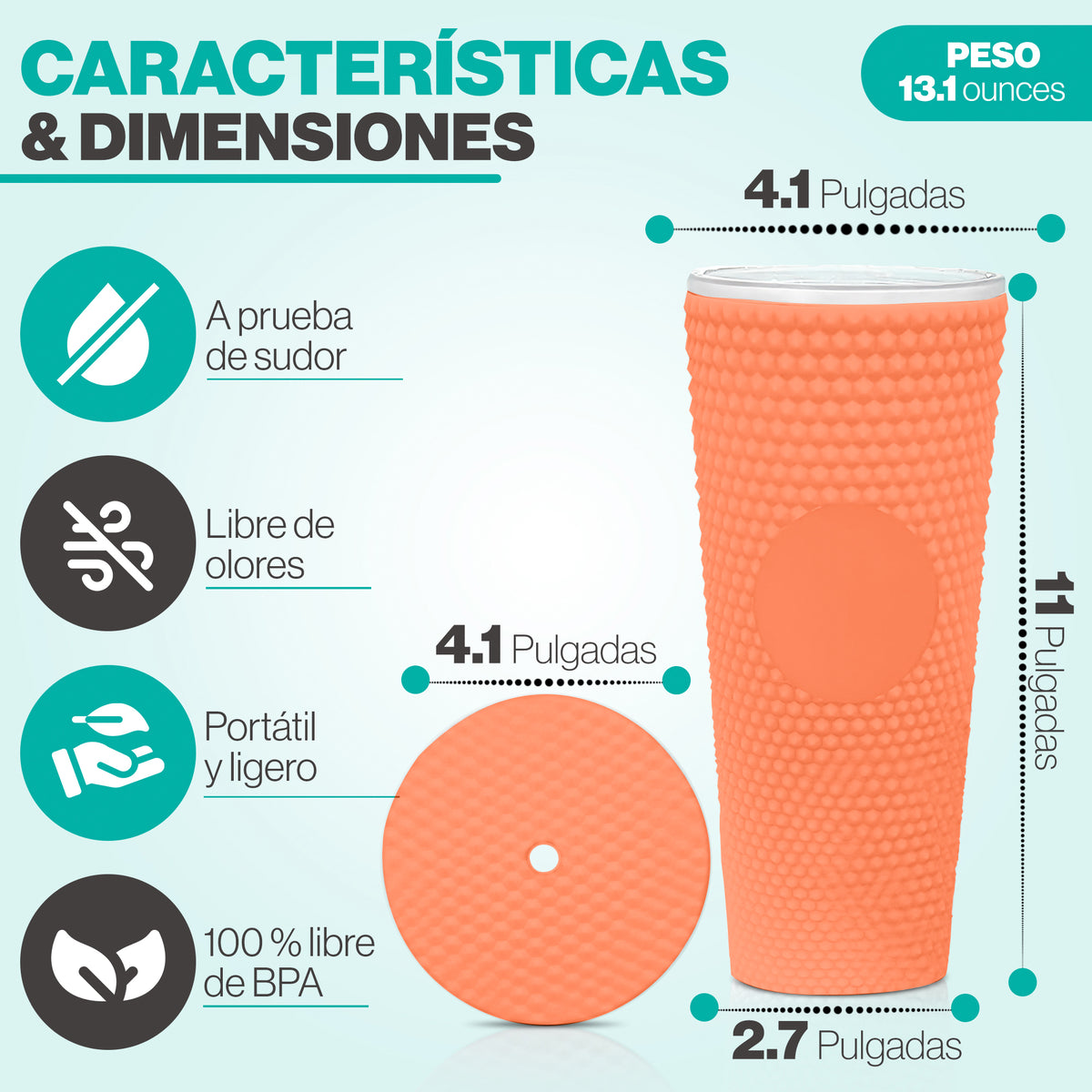 Vaso Térmico con Tachuelas 700 ml · Popote y Tapa de Rosca · Doble Pared color Coral