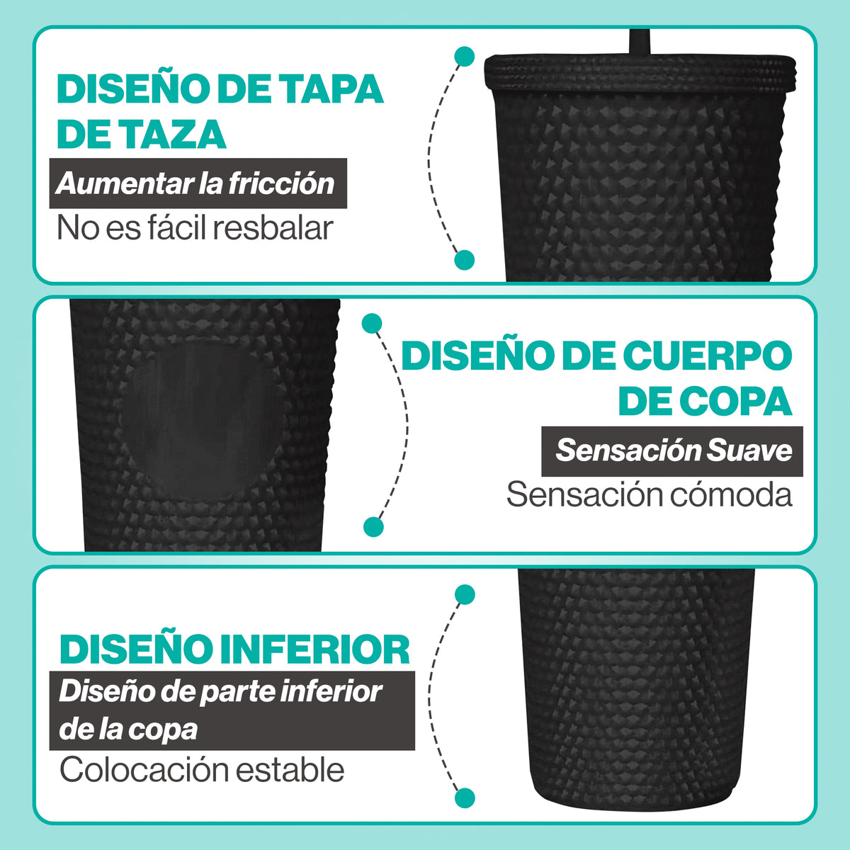 Vaso Térmico con Tachuelas 700 ml · Popote y Tapa de Rosca · Doble Pared color Negro