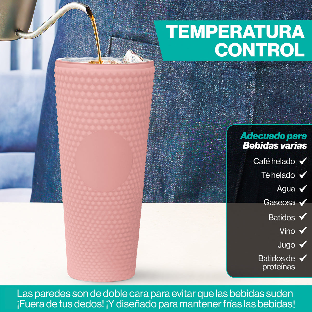 Vaso Térmico con Tachuelas 700 ml · Popote y Tapa de Rosca · Doble Pared color Rosa