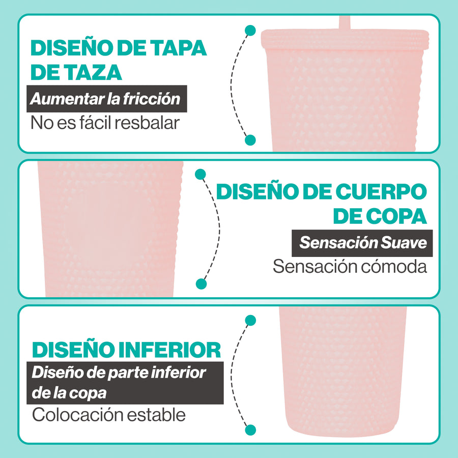 Vaso Térmico con Tachuelas 700 ml · Popote y Tapa de Rosca · Doble Pared color Rosa