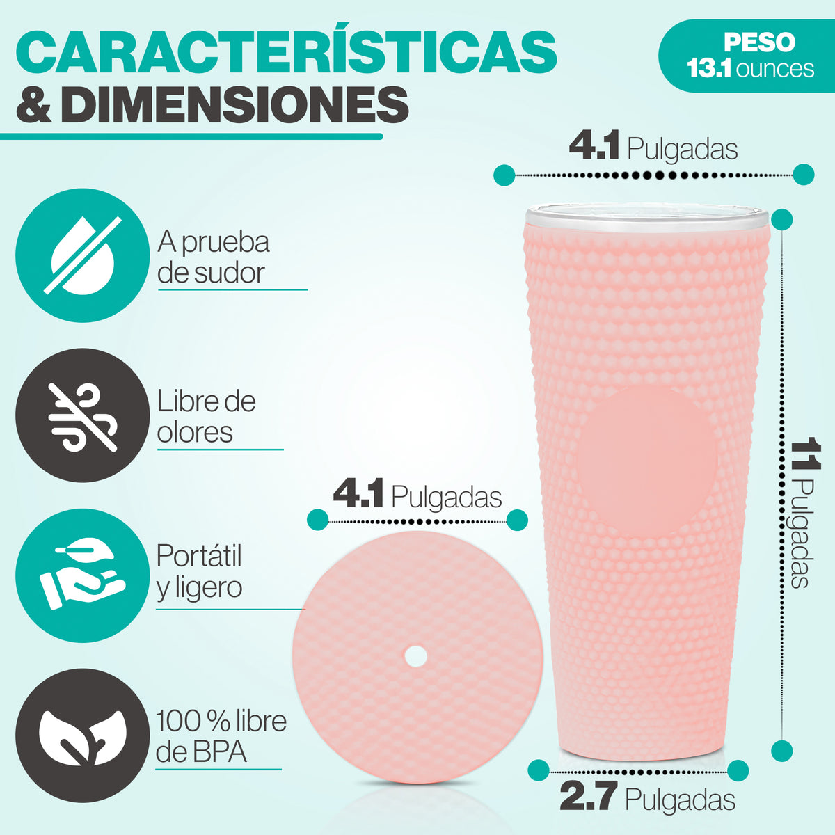 Vaso Térmico con Tachuelas 700 ml · Popote y Tapa de Rosca · Doble Pared color Rosa