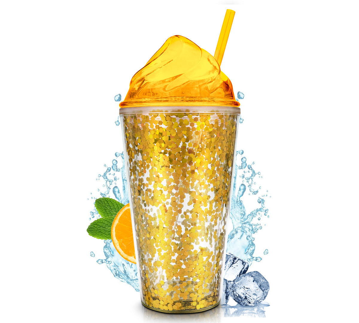 Vaso Térmico con Lentejuelas y Tapa Domo 450 ml · Con Popote · Doble Pared color Dorado
