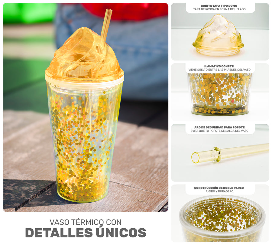 Vaso Térmico con Lentejuelas y Tapa Domo 450 ml · Con Popote · Doble Pared color Dorado