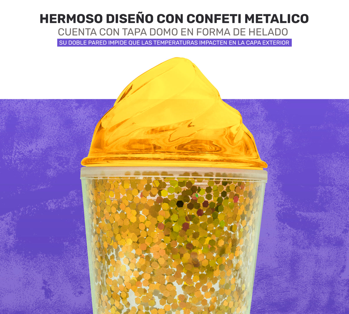 Vaso Térmico con Lentejuelas y Tapa Domo 450 ml · Con Popote · Doble Pared color Dorado